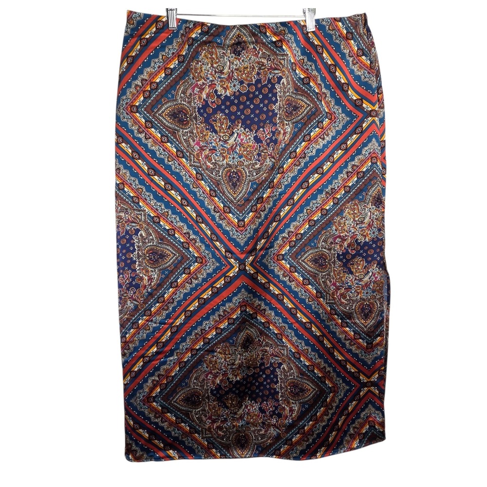 Express Womens Multicolor Satin Maxi Skirt XL Paisley Scarf Print Boho Indie